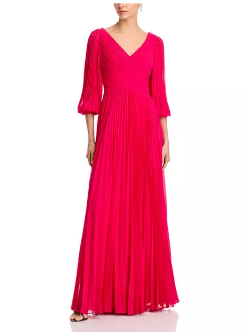 Teri Jon Pleated V‑Neck Maxi Dress in Fuchsia